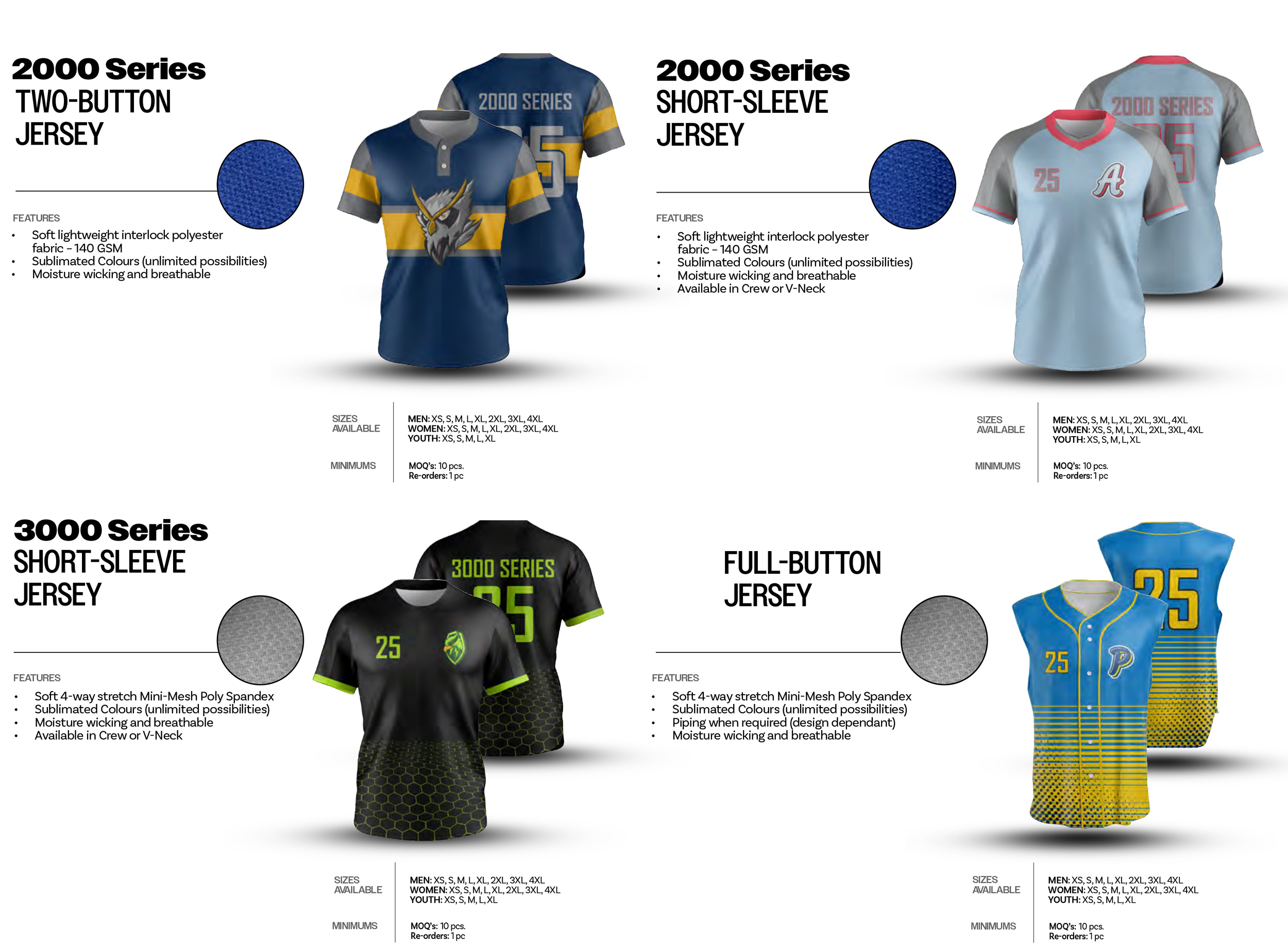 Custom Baseball Jerseys: Two-Button Jersey, Short-Sleeve Jersey, Full-Button Jersey - Crew or V-Neck