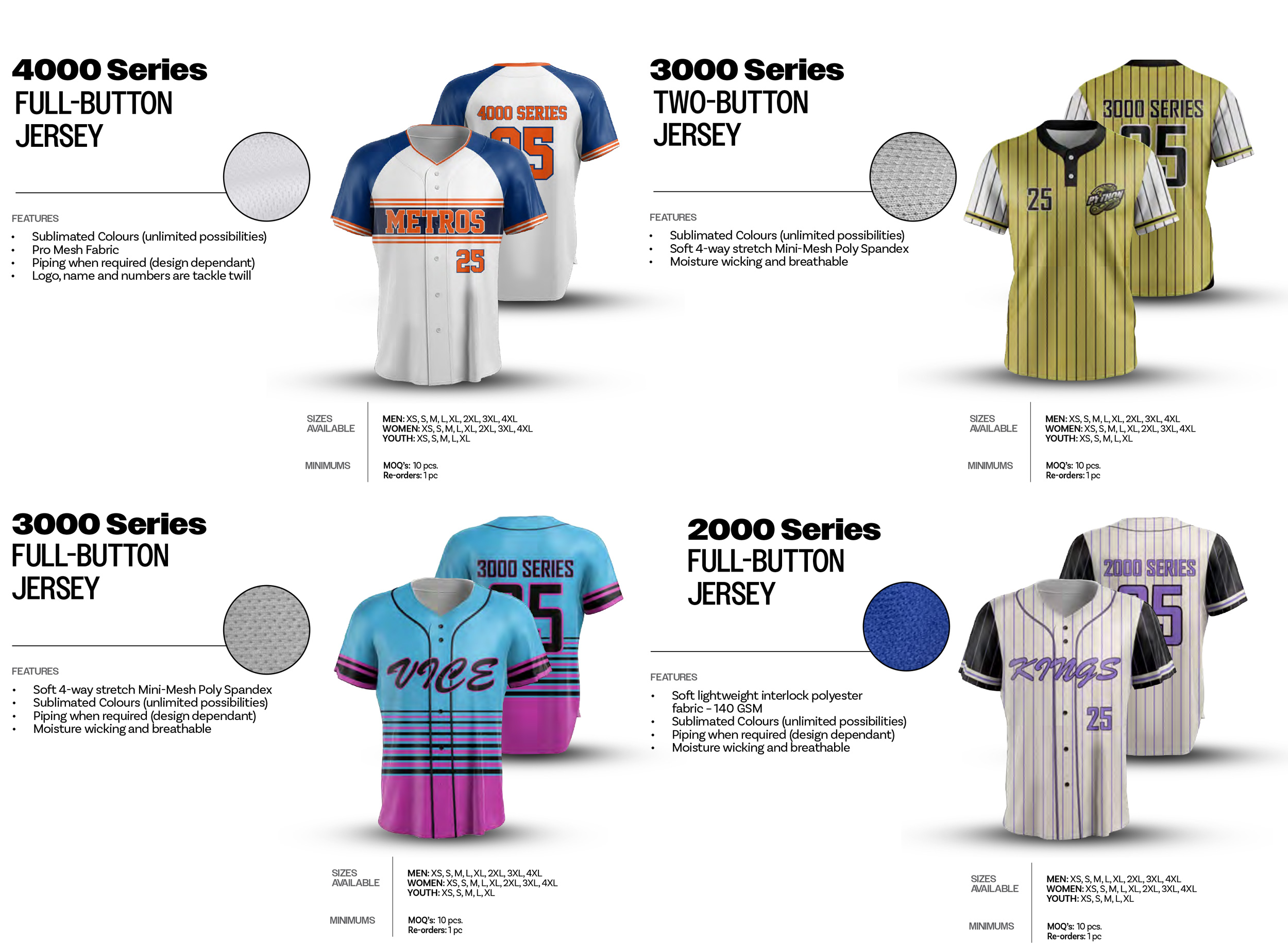 Custom Baseball Jerseys: Two-Button Jersey, Short-Sleeve Jersey, Full-Button Jersey - Crew or V-Neck