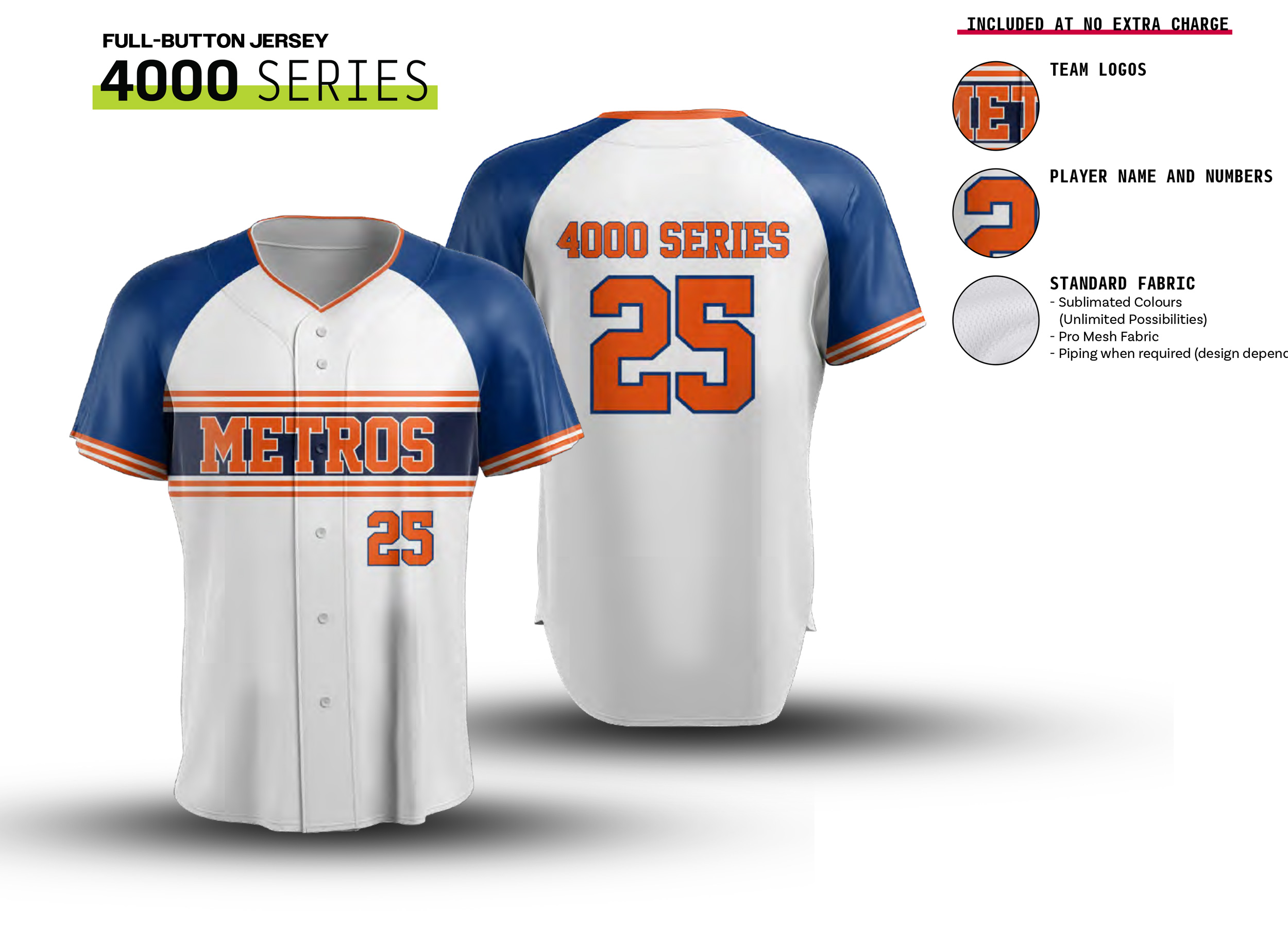 Full-Button Baseball Jersey - Personalize team logos, player name and numbers, included at no extra charge