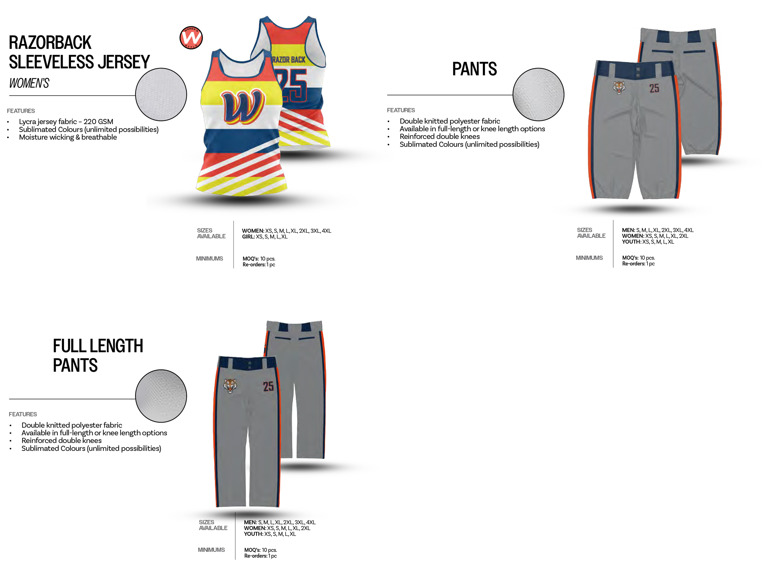 Sleeveless Baseball Jersey, Full-Length and Knee-Length Pants